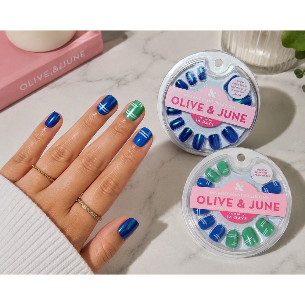 2Pk Olive & June Press-On Nails Extra Short Squoval Blue Chrome Sport Stripes